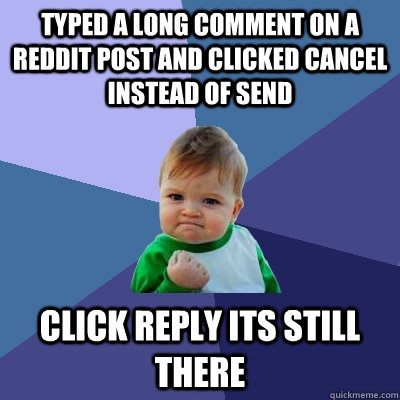 Typed a LOng comment on a reddit post and clicked cancel instead of send Click reply its still there  Success Kid