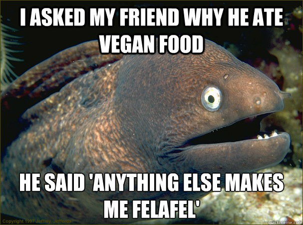 I asked my friend why he ate vegan food He said 'anything else makes me felafel'  Bad Joke Eel