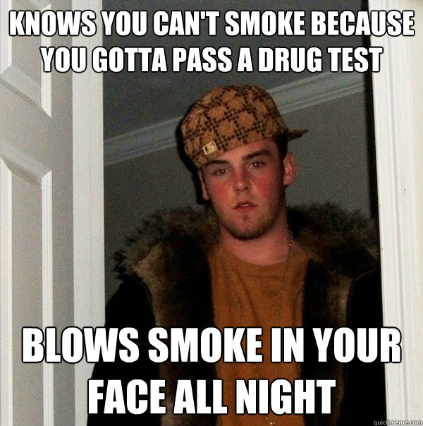 Knows you can't smoke because you gotta pass a drug test Blows smoke in your face all night  Scumbag Steve