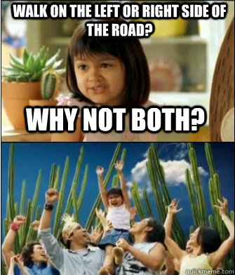 Why not both? Walk on the left or right side of the road?  Why not both