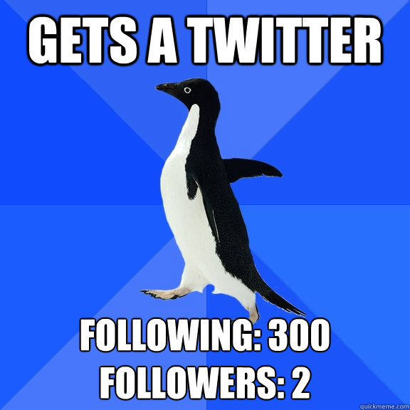 Gets a Twitter Following: 300
Followers: 2  Socially Awkward Penguin