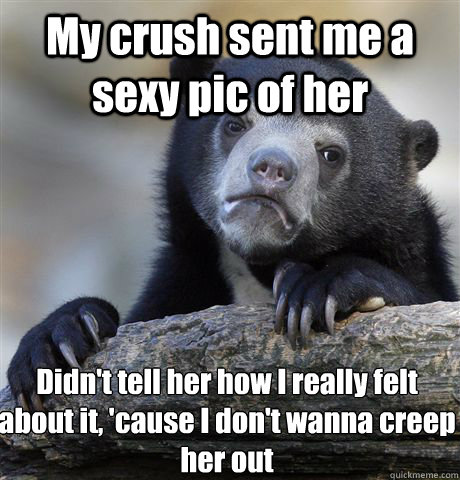 My crush sent me a sexy pic of her Didn't tell her how I really felt about it, 'cause I don't wanna creep her out  Confession Bear