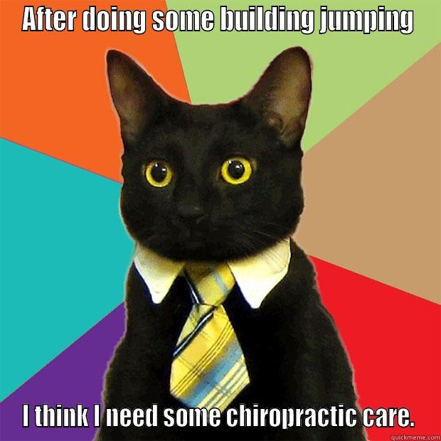 AFTER DOING SOME BUILDING JUMPING I THINK I NEED SOME CHIROPRACTIC CARE. Business Cat