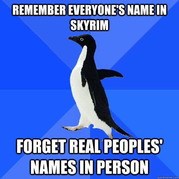 remember everyone's name in skyrim forget real peoples' names in person  Socially Awkward Penguin