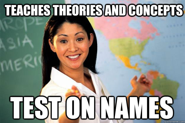 Teaches theories and concepts Test on names  Unhelpful High School Teacher