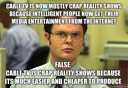 cable TV is now mostly crap reality shows because intelligent people now get their media entertainment from the internet False.
cable TV is crap reality shows because its MUch easier and cheaper to produce  Dwight