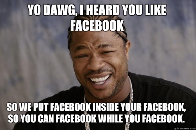 Yo dawg, I heard you like facebook So we put Facebook inside your Facebook, so you can Facebook while you Facebook.  Xzibit meme