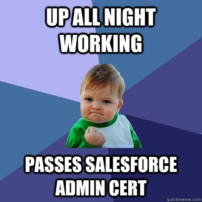 Up all night working Passes Salesforce Admin Cert  Success Kid