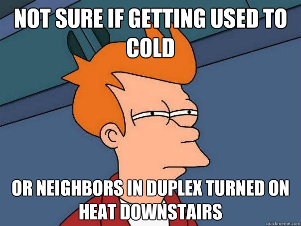 Not sure if getting used to cold or neighbors in duplex turned on heat downstairs  Futurama Fry