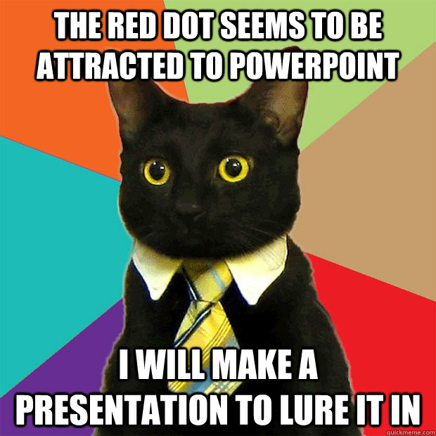 The red dot seems to be attracted to powerPoint I will make a presentation to lure it in  Business Cat