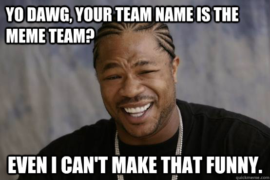 Yo Dawg, your team name is the MEME team? Even I can't make that funny. - Yo Dawg, your team name is the MEME team? Even I can't make that funny.  YO DAWG