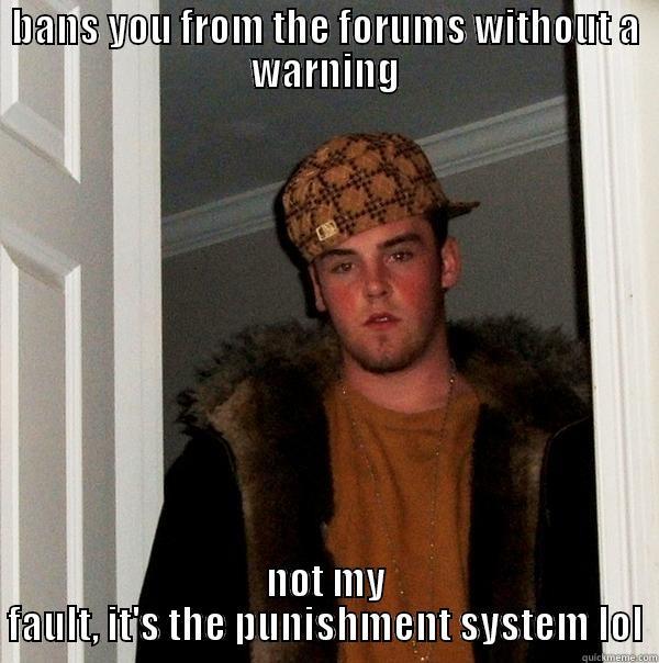 BANS YOU FROM THE FORUMS WITHOUT A WARNING NOT MY FAULT, IT'S THE PUNISHMENT SYSTEM LOL Scumbag Steve