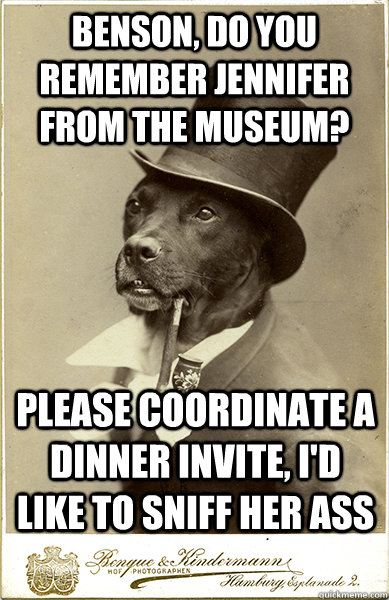 benson, do you remember Jennifer from the museum? please coordinate a dinner invite, i'd like to sniff her ass  Old Money Dog