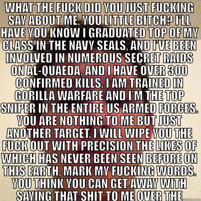 WHAT THE FUCK DID YOU JUST FUCKING SAY ABOUT ME, YOU LITTLE BITCH? I’LL HAVE YOU KNOW I GRADUATED TOP OF MY CLASS IN THE NAVY SEALS, AND I’VE BEEN INVOLVED IN NUMEROUS SECRET RAIDS ON AL-QUAEDA, AND I HAVE OVER 300 CONFIRMED KILLS. I AM TRAINED IN GORILLA  Misc