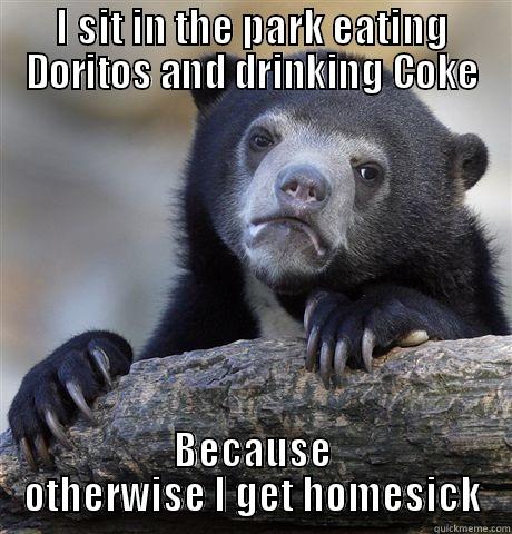 I SIT IN THE PARK EATING DORITOS AND DRINKING COKE BECAUSE OTHERWISE I GET HOMESICK Confession Bear