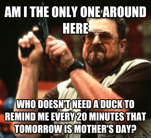 AM I THE ONLY ONE AROUND HERE who doesn't need a duck to remind me every 20 minutes that tomorrow is Mother's day?  Angry Walter