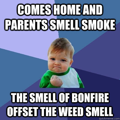 Comes home and parents smell smoke The smell of bonfire offset the weed smell  Success Kid