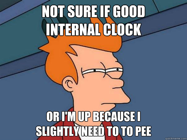 Not sure if good 
internal clock or i'm up because i 
slightly need to to pee - Not sure if good 
internal clock or i'm up because i 
slightly need to to pee  Futurama Fry