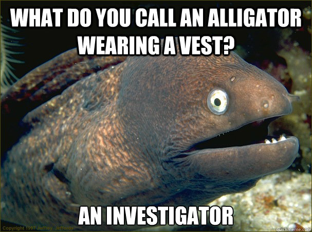 What do you call an alligator wearing a vest? An investigator  Bad Joke Eel