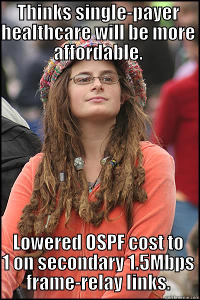 lowering OSPF cost - THINKS SINGLE-PAYER HEALTHCARE WILL BE MORE AFFORDABLE. LOWERED OSPF COST TO 1 ON SECONDARY 1.5MBPS FRAME-RELAY LINKS. College Liberal