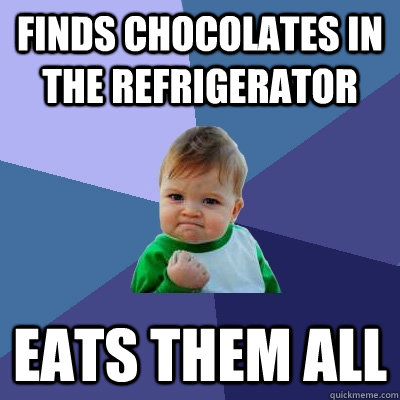 Finds chocolates in the refrigerator Eats them all  Success Kid