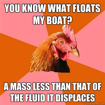 you know what floats my boat? A mass less than that of the fluid it displaces - you know what floats my boat? A mass less than that of the fluid it displaces  Anti-Joke Chicken