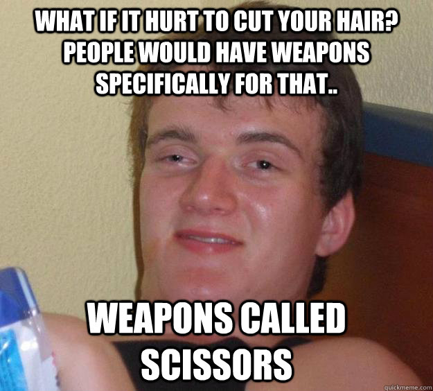 What if it hurt to cut your hair? People would have weapons specifically for that.. Weapons called scissors - What if it hurt to cut your hair? People would have weapons specifically for that.. Weapons called scissors  10 Guy