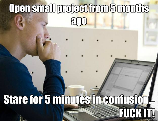 Open small project from 5 months ago Stare for 5 minutes in confusion...
FUCK IT!  Programmer