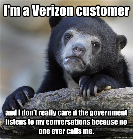 I'm a Verizon customer and I don't really care if the government listens to my conversations because no one ever calls me.  Confession Bear