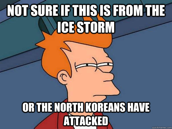 Not sure if this is from the ice storm or the North Koreans have attacked - Not sure if this is from the ice storm or the North Koreans have attacked  Futurama Fry