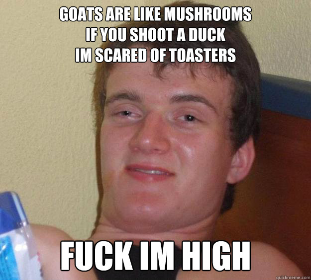 Goats are like mushrooms 
if you shoot a duck 
im scared of toasters fuck im high - Goats are like mushrooms 
if you shoot a duck 
im scared of toasters fuck im high  10 Guy