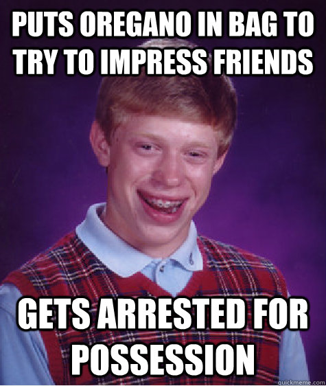 Puts oregano in bag to try to impress friends gets arrested for possession  - Puts oregano in bag to try to impress friends gets arrested for possession   Bad Luck Brian