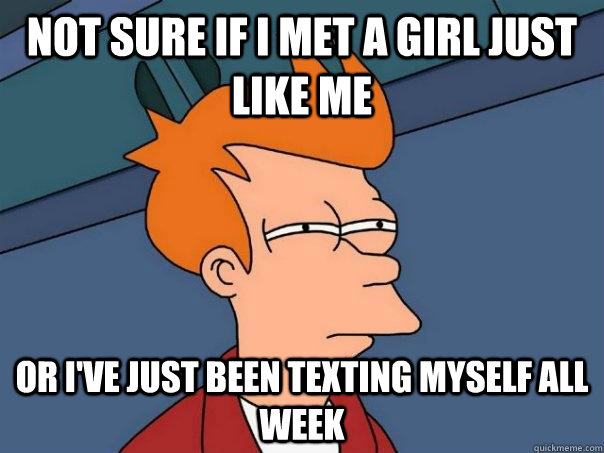 Not sure if i met a girl just like me or i've just been texting myself all week  Futurama Fry