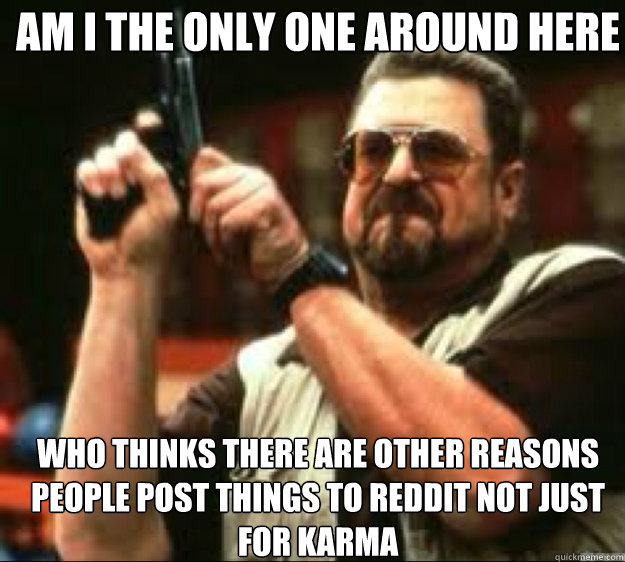 Am i the only one around here WHO THINKS THERE ARE OTHER REASONS PEOPLE POST THINGS TO REDDIT NOT JUST FOR KARMA - Am i the only one around here WHO THINKS THERE ARE OTHER REASONS PEOPLE POST THINGS TO REDDIT NOT JUST FOR KARMA  Angey Walter
