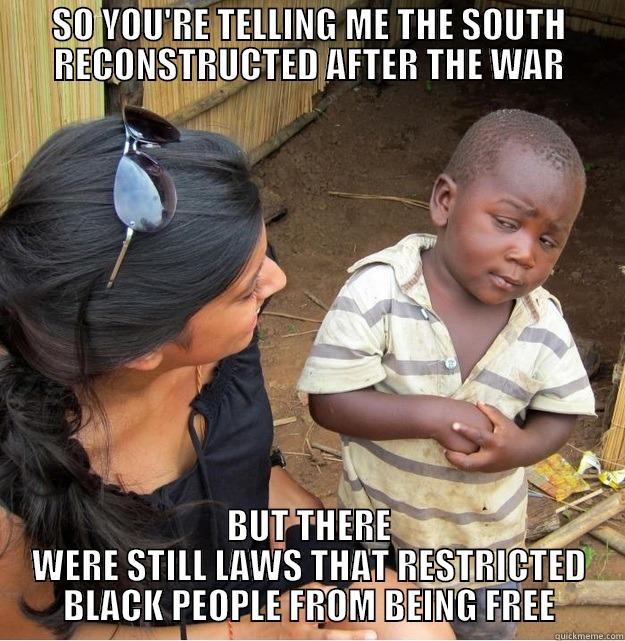 SO YOU'RE TELLING ME THE SOUTH RECONSTRUCTED AFTER THE WAR BUT THERE WERE STILL LAWS THAT RESTRICTED BLACK PEOPLE FROM BEING FREE Skeptical Third World Kid