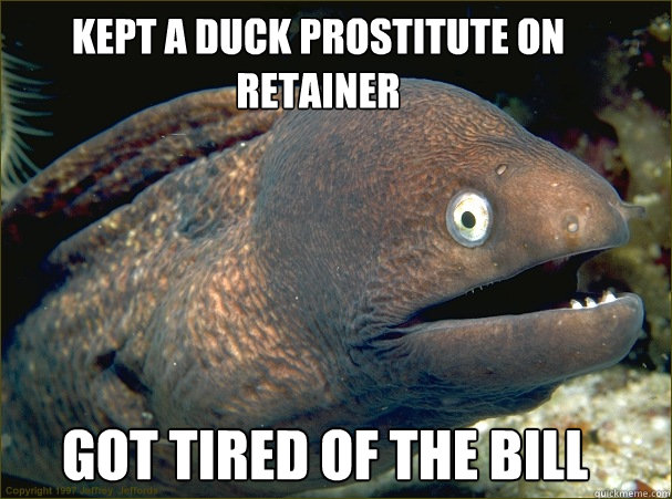 kept a duck prostitute on retainer got tired of the bill  Bad Joke Eel