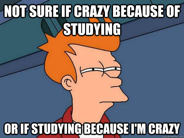 not sure if crazy because of studying or if studying because i'm crazy - not sure if crazy because of studying or if studying because i'm crazy  Futurama Fry