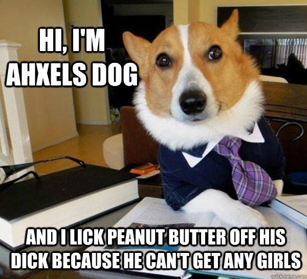 Hi, I'm Ahxels dog and i lick peanut butter off his dick because he can't get any girls  Lawyer Dog