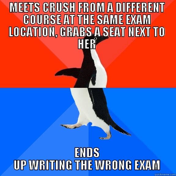 MEETS CRUSH FROM A DIFFERENT COURSE AT THE SAME EXAM LOCATION, GRABS A SEAT NEXT TO HER ENDS UP WRITING THE WRONG EXAM Socially Awesome Awkward Penguin