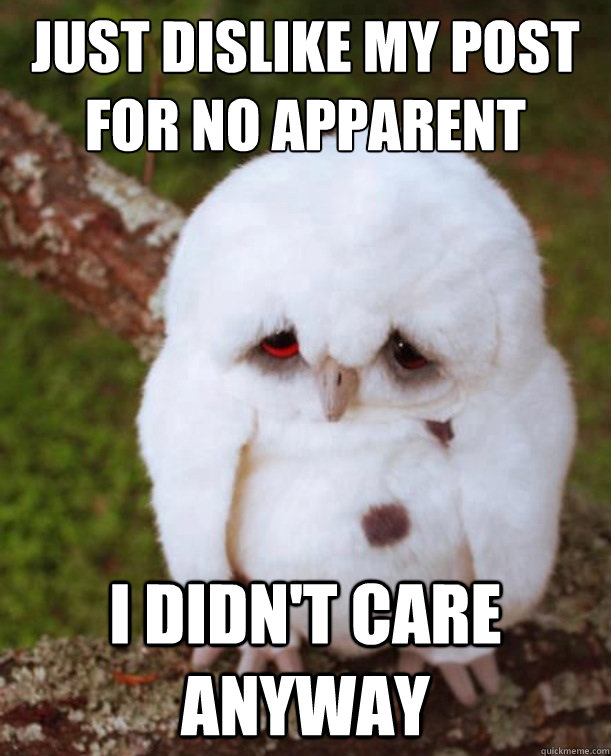 just dislike my post for no apparent reason i didn't care anyway  Sad Owl