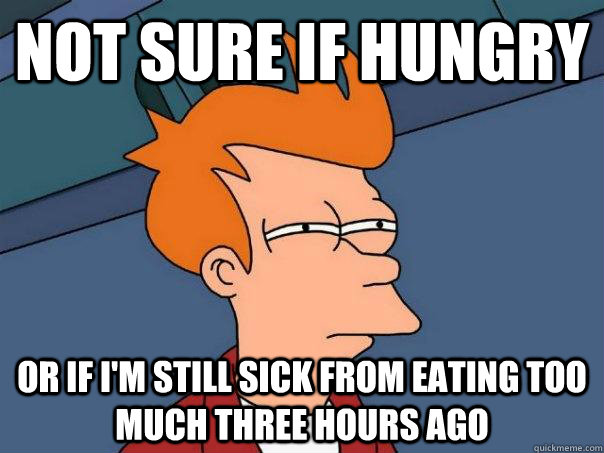 Not sure if hungry Or if i'm still sick from eating too much three hours ago  Futurama Fry