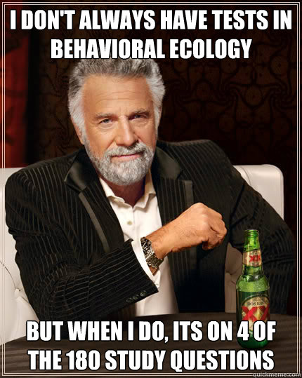 I Don't Always have tests in Behavioral ecology But when I do, its on 4 of the 180 study questions  Dos Equis man