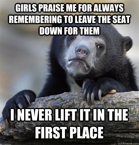 GIRLS PRAISE ME FOR ALWAYS REMEMBERING TO LEAVE THE SEAT DOWN FOR THEM I NEVER LIFT IT IN THE FIRST PLACE  Confession Bear