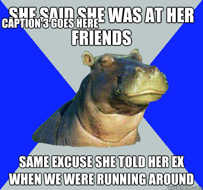 She said she was at her friends same excuse she told her ex when we were running around Caption 3 goes here  Skeptical Hippo