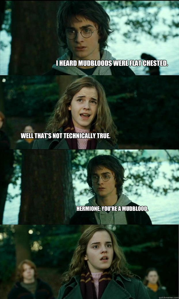 I heard mudbloods were flat chested. Well that's not technically true. Hermione, you're a mudblood.  Horny Harry