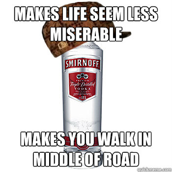 Makes life seem less miserable  makes you walk in middle of road  Scumbag Alcohol