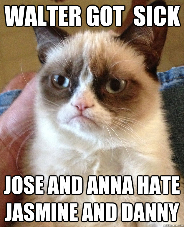 Walter got  sick Jose and anna hate Jasmine and danny  Grumpy Cat