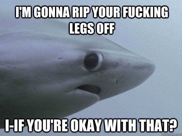 i'm gonna rip your fucking legs off I-IF you're okay with that?   Shy Shark