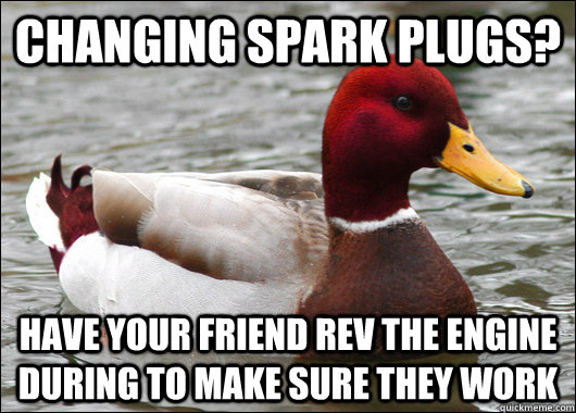 Changing spark plugs? Have your friend rev the engine during to make sure they work  - Changing spark plugs? Have your friend rev the engine during to make sure they work   Malicious Advice Mallard