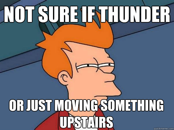 not sure if thunder or just moving something upstairs  Futurama Fry